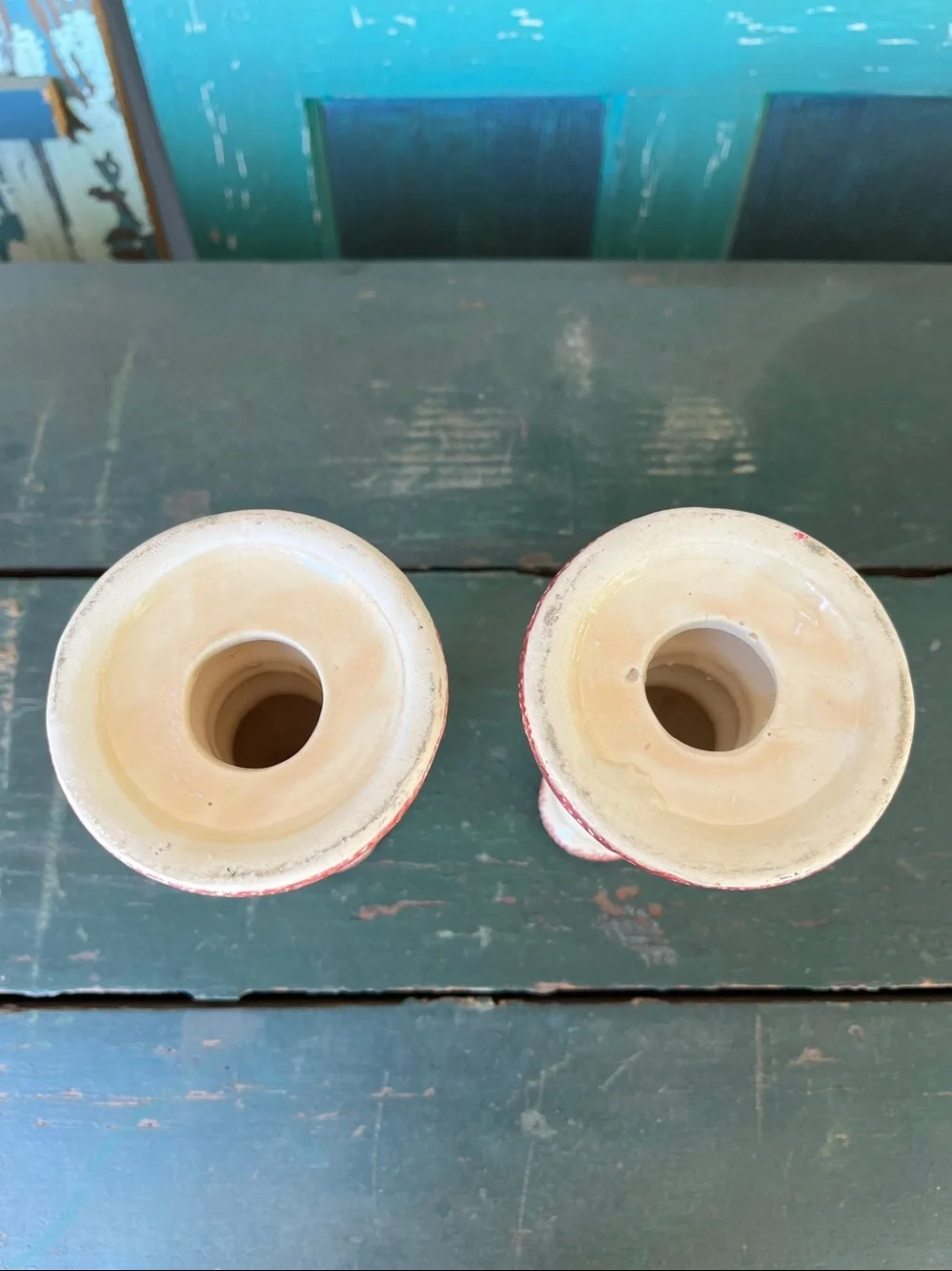 Vintage ceramic taper candle holders with a cream spongeware finish